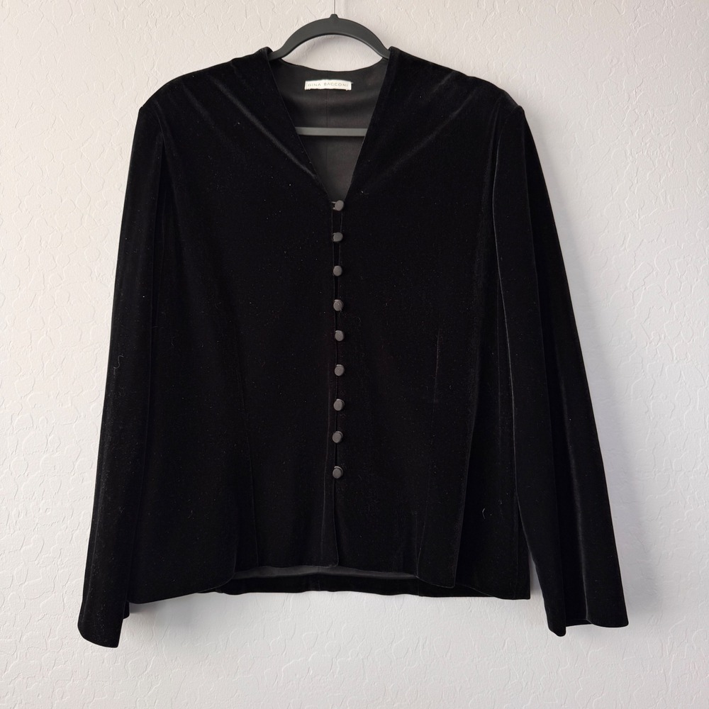 Gina Bacconi Velvet Button Down Top Elegant Career Party Black UK 18‎